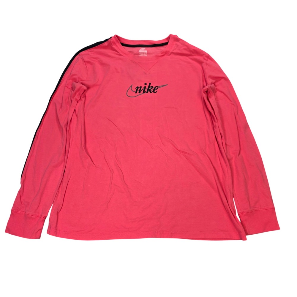 Nike Y2K Graphic Tee Women's Size XXl Pink Script Swoosh Stripe Long Sleeve